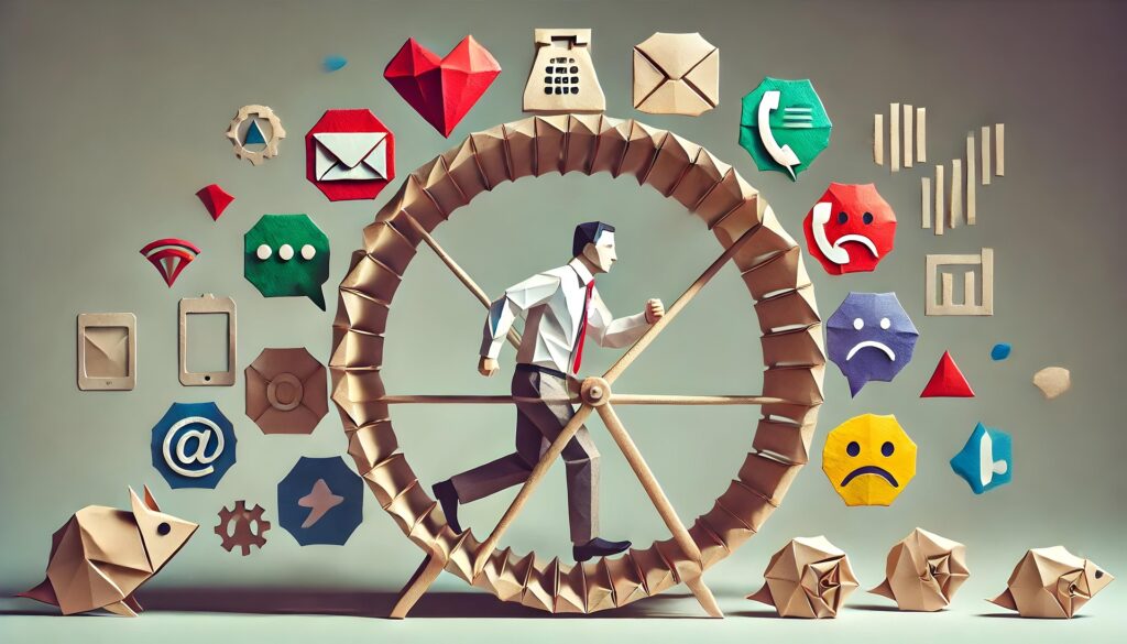 ai-generated-9219369_1920 Overwhelmed businessman running on hamster wheel